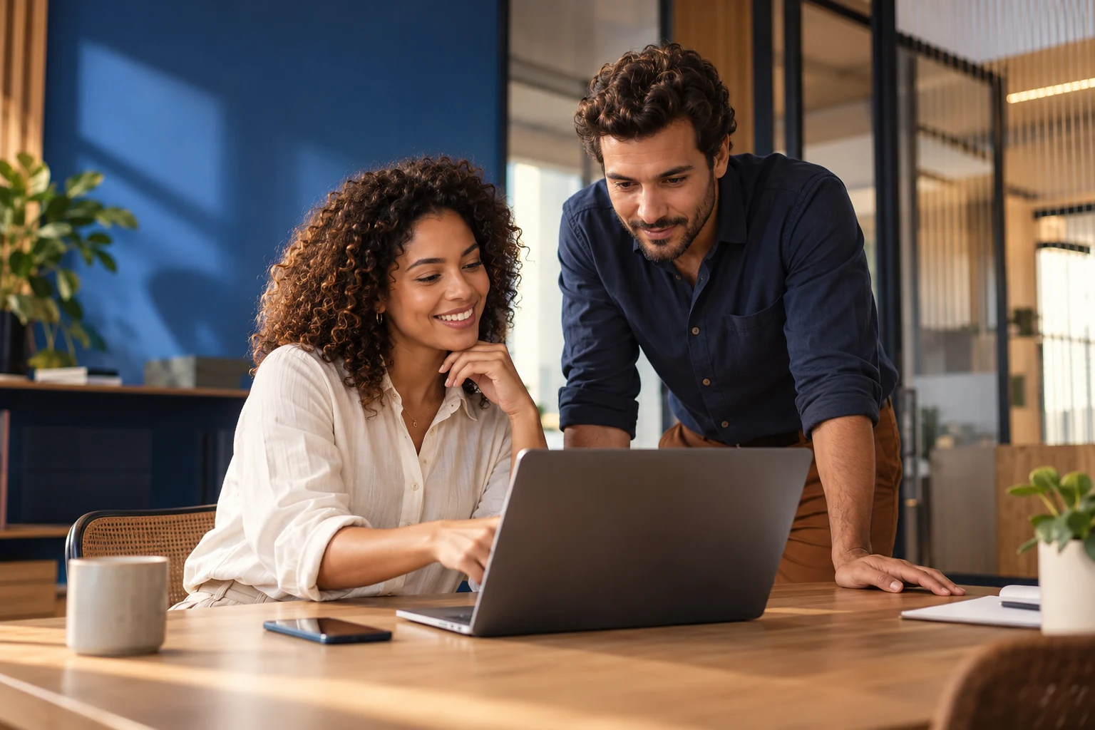Equipe colaborando em um espaço de trabalho contemporâneo